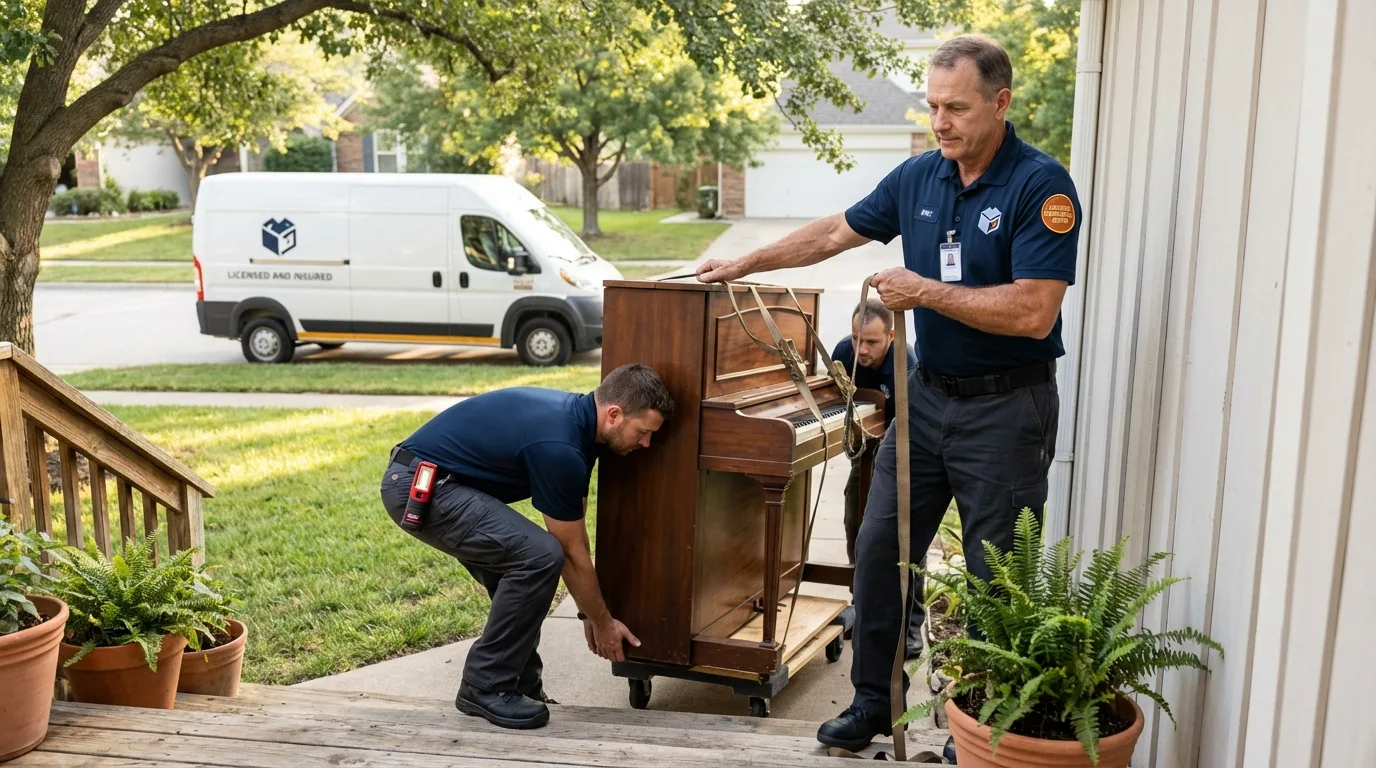 Licensed piano movers securing grand piano in Ashburnham, MA