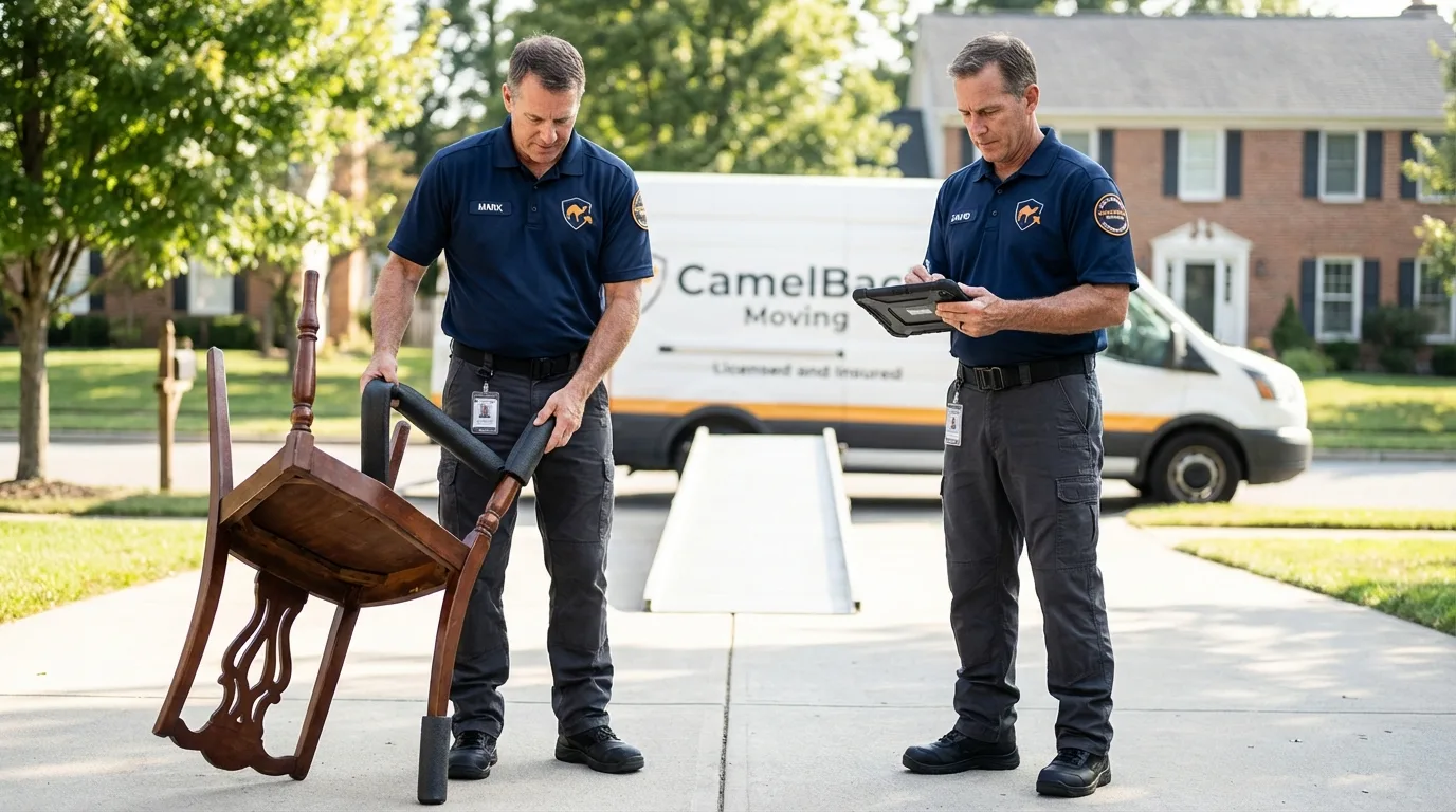 Movers inspecting furniture for damage prevention before loading in Ashburnham, MA