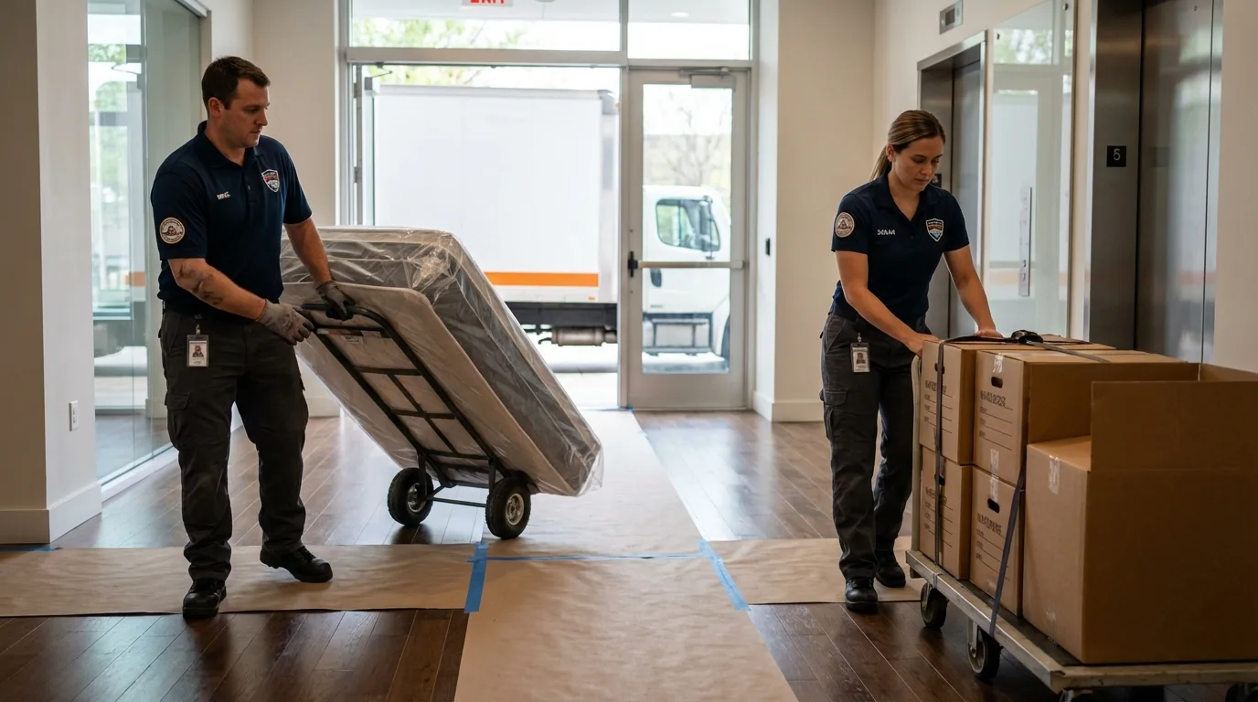 Professional apartment movers loading elevator in Ashburnham, MA