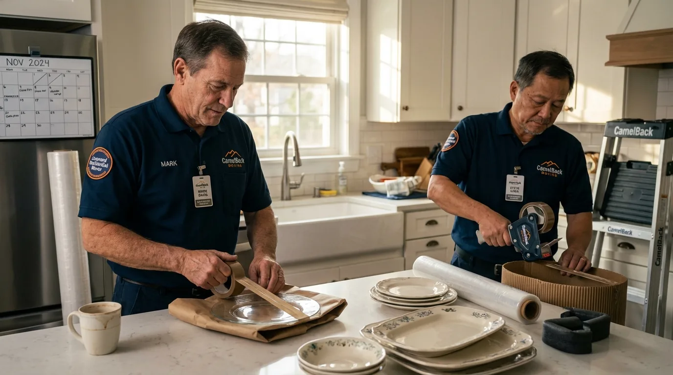 Professional crew packing kitchen dishware in Ashburnham, MA